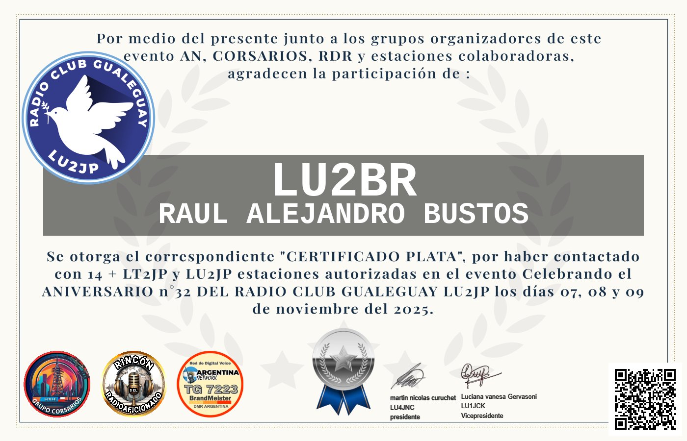 Certificado CERTIFICADO ANIVERSARIO n°32 RADIO CLUB GUALEGUAY LU2JP