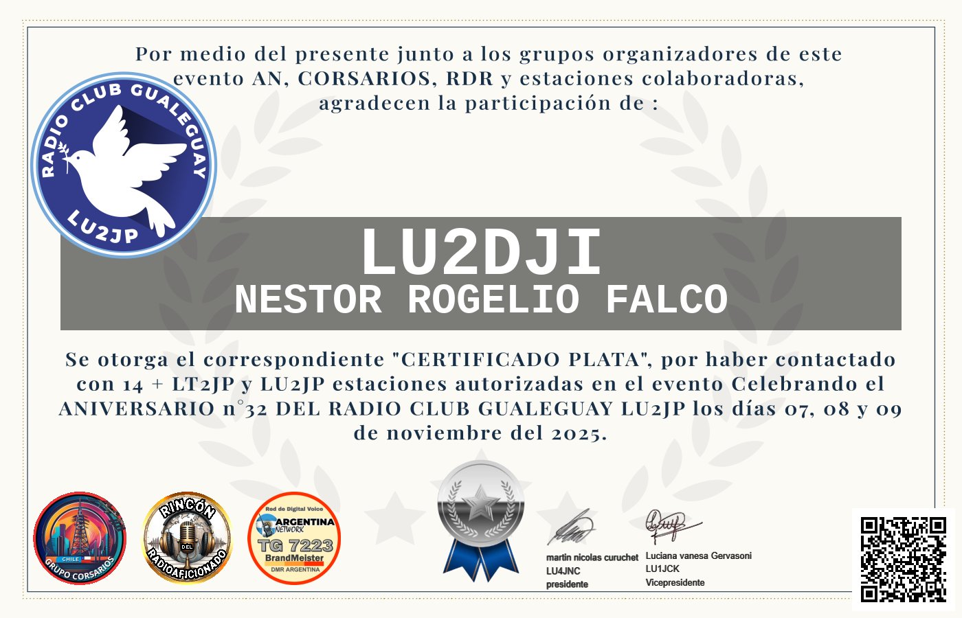Certificado CERTIFICADO ANIVERSARIO n°32 RADIO CLUB GUALEGUAY LU2JP