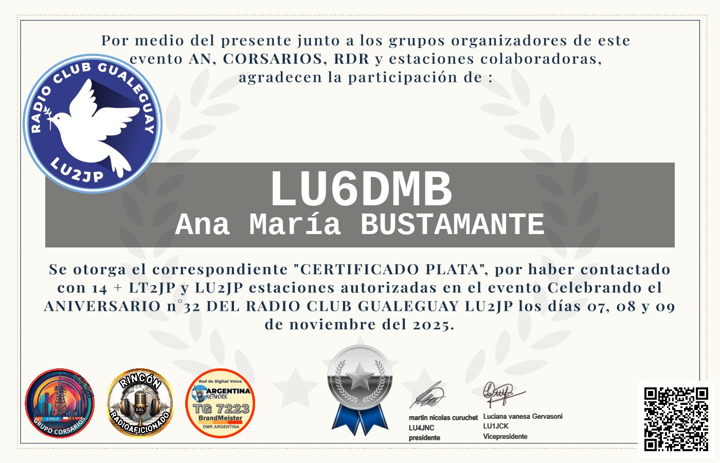 Certificado CERTIFICADO ANIVERSARIO n°32 RADIO CLUB GUALEGUAY LU2JP