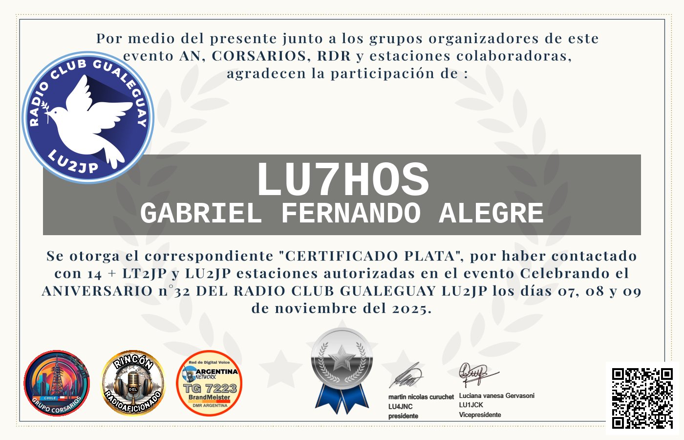 Certificado CERTIFICADO ANIVERSARIO n°32 RADIO CLUB GUALEGUAY LU2JP