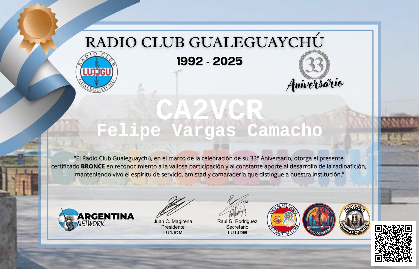 Certificado Actividad ANIVERSARIO N°33 RADIO CLUB GUALEGUAYCHÚ LU1JGU (edición 2025)