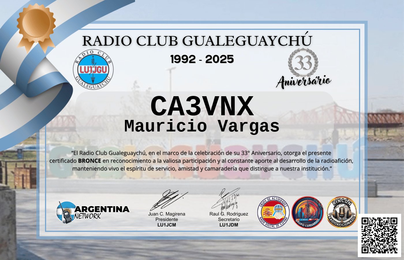 Certificado Actividad ANIVERSARIO N°33 RADIO CLUB GUALEGUAYCHÚ LU1JGU (edición 2025)