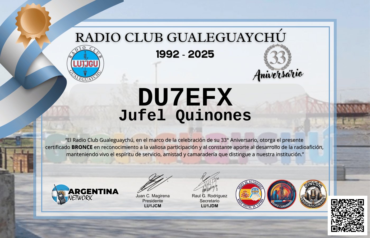 Certificado Actividad ANIVERSARIO N°33 RADIO CLUB GUALEGUAYCHÚ LU1JGU (edición 2025)