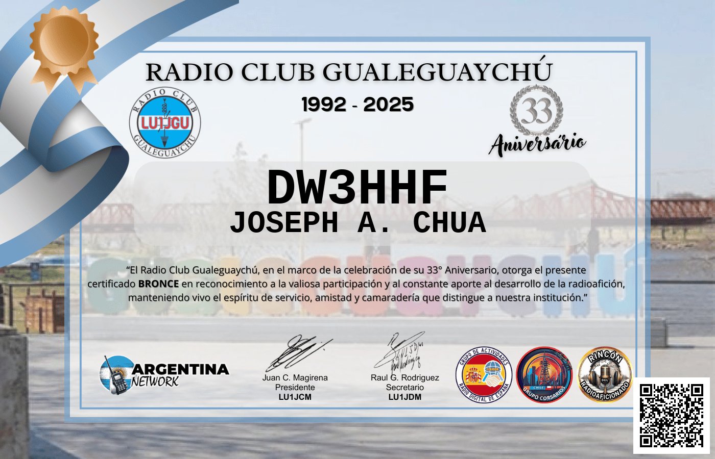 Certificado Actividad ANIVERSARIO N°33 RADIO CLUB GUALEGUAYCHÚ LU1JGU (edición 2025)