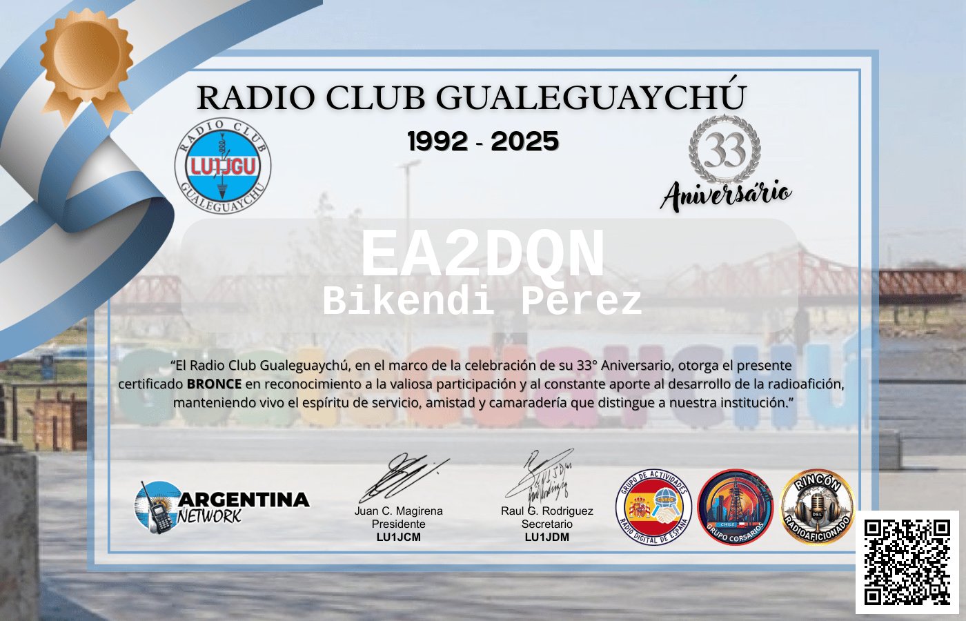Certificado Actividad ANIVERSARIO N°33 RADIO CLUB GUALEGUAYCHÚ LU1JGU (edición 2025)