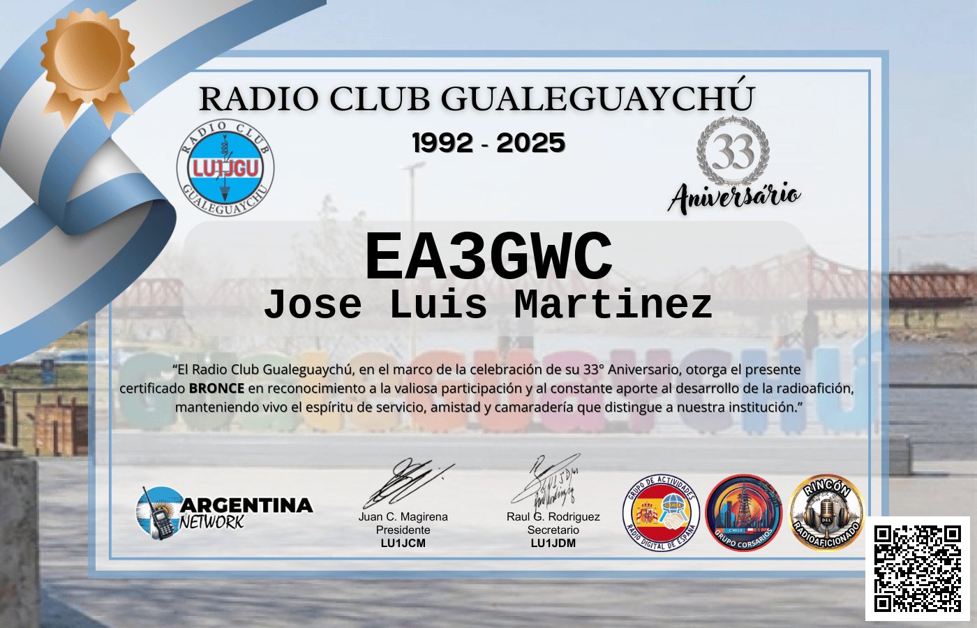 Certificado Actividad ANIVERSARIO N°33 RADIO CLUB GUALEGUAYCHÚ LU1JGU (edición 2025)