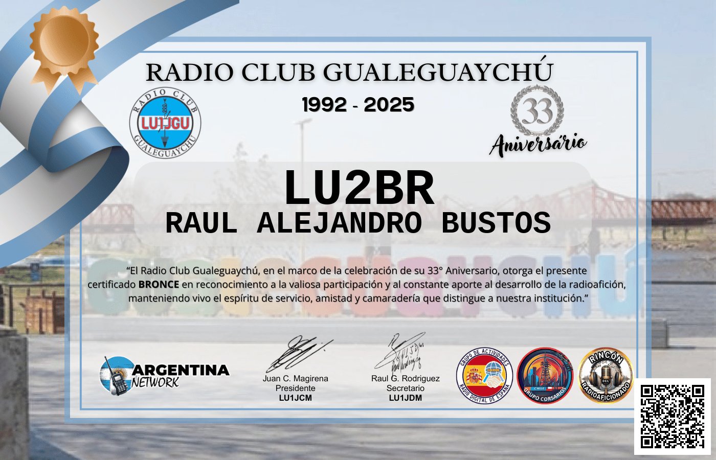 Certificado Actividad ANIVERSARIO N°33 RADIO CLUB GUALEGUAYCHÚ LU1JGU (edición 2025)