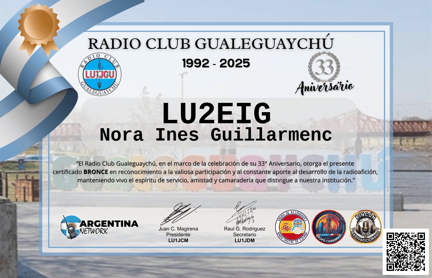 Certificado Actividad ANIVERSARIO N°33 RADIO CLUB GUALEGUAYCHÚ LU1JGU (edición 2025)