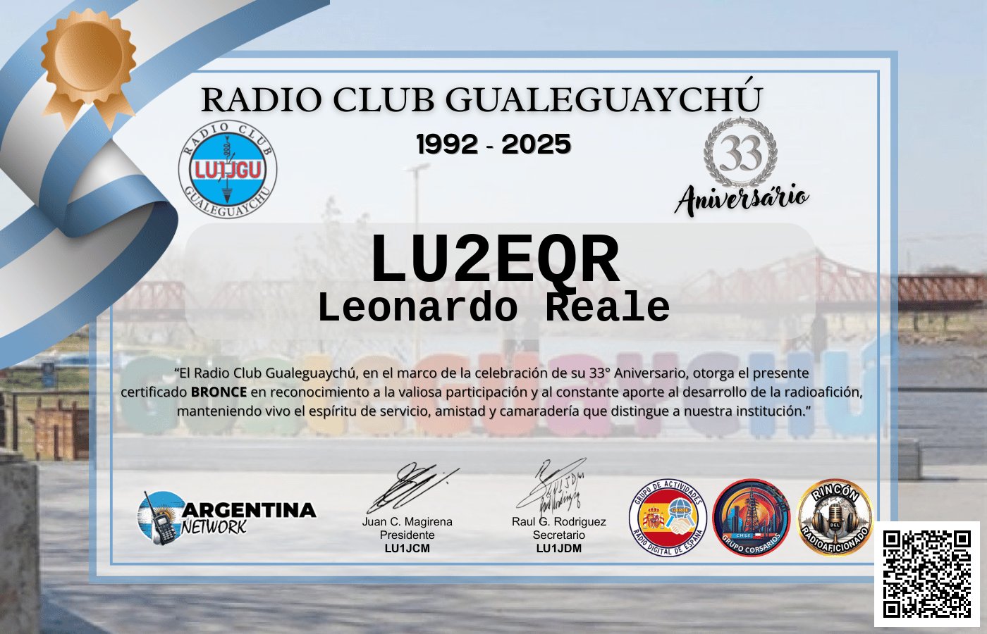 Certificado Actividad ANIVERSARIO N°33 RADIO CLUB GUALEGUAYCHÚ LU1JGU (edición 2025)