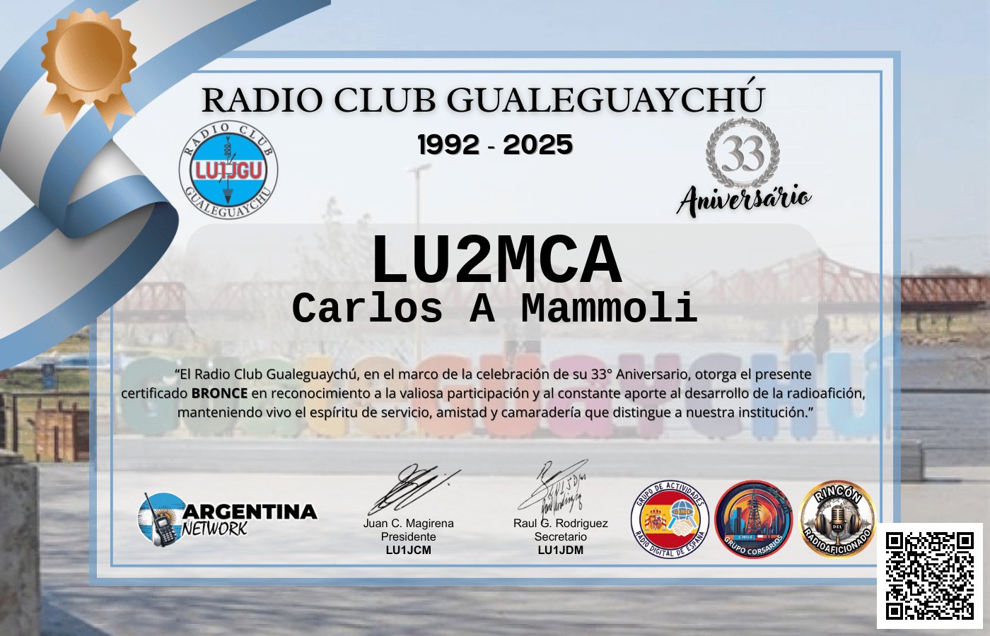 Certificado Actividad ANIVERSARIO N°33 RADIO CLUB GUALEGUAYCHÚ LU1JGU (edición 2025)
