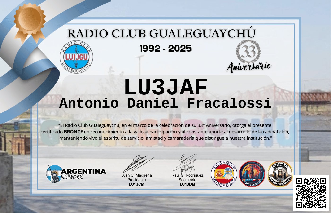 Certificado Actividad ANIVERSARIO N°33 RADIO CLUB GUALEGUAYCHÚ LU1JGU (edición 2025)
