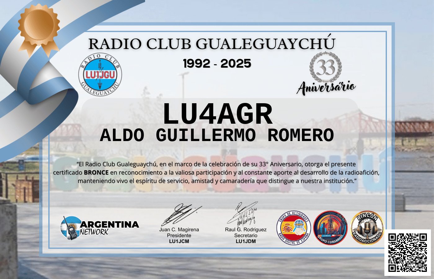 Certificado Actividad ANIVERSARIO N°33 RADIO CLUB GUALEGUAYCHÚ LU1JGU (edición 2025)