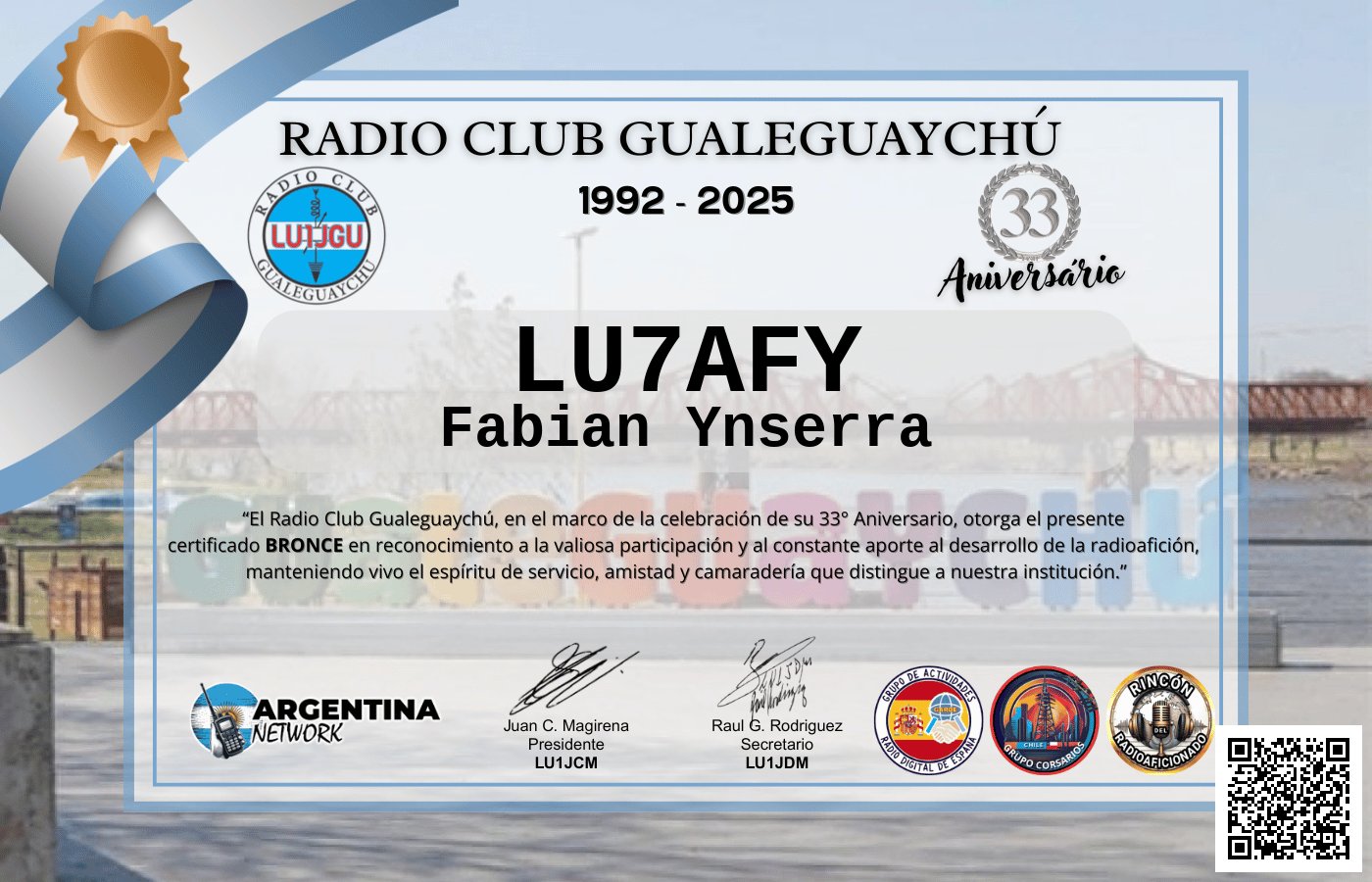 Certificado Actividad ANIVERSARIO N°33 RADIO CLUB GUALEGUAYCHÚ LU1JGU (edición 2025)