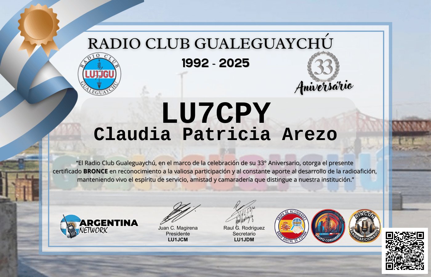 Certificado Actividad ANIVERSARIO N°33 RADIO CLUB GUALEGUAYCHÚ LU1JGU (edición 2025)