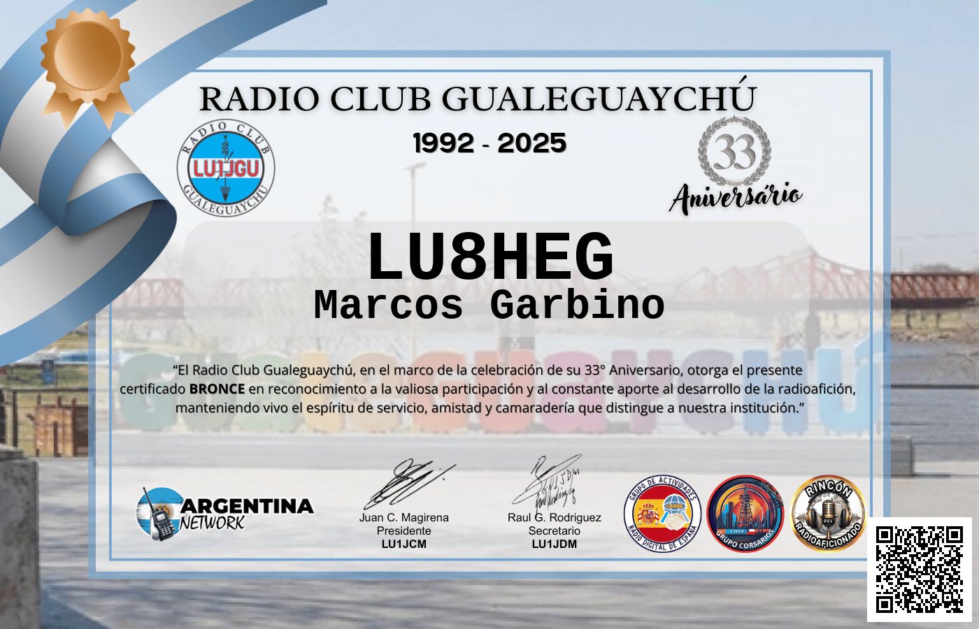 Certificado Actividad ANIVERSARIO N°33 RADIO CLUB GUALEGUAYCHÚ LU1JGU (edición 2025)