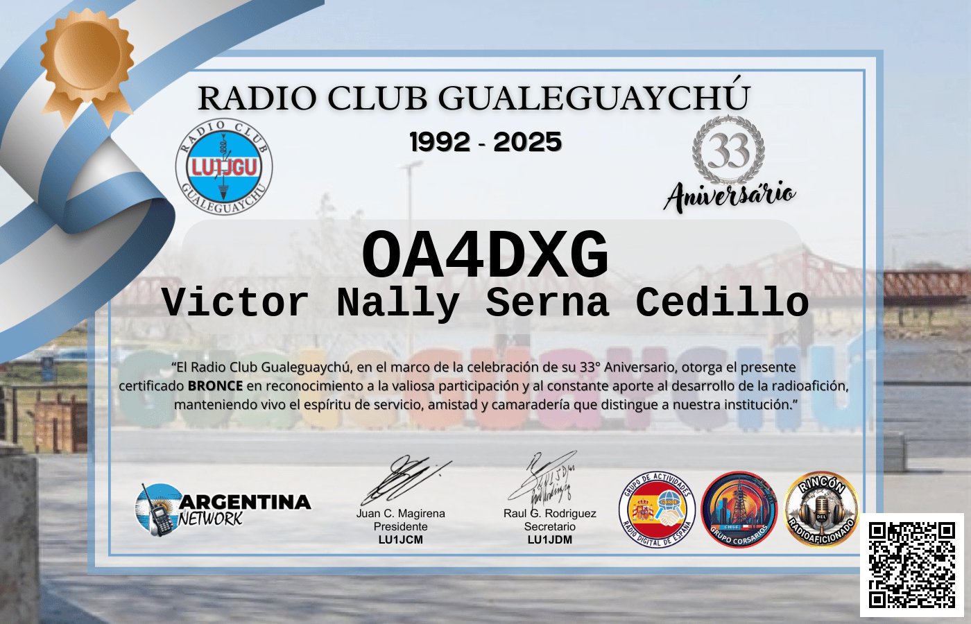 Certificado Actividad ANIVERSARIO N°33 RADIO CLUB GUALEGUAYCHÚ LU1JGU (edición 2025)