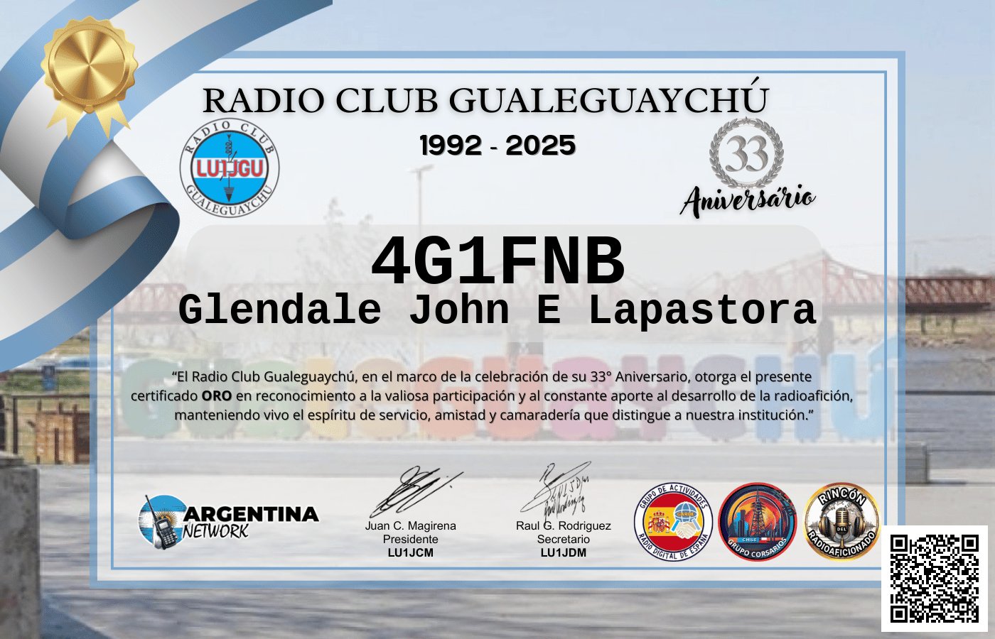 Certificado Actividad ANIVERSARIO N°33 RADIO CLUB GUALEGUAYCHÚ LU1JGU (edición 2025)