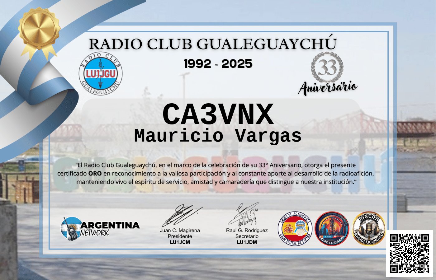 Certificado Actividad ANIVERSARIO N°33 RADIO CLUB GUALEGUAYCHÚ LU1JGU (edición 2025)