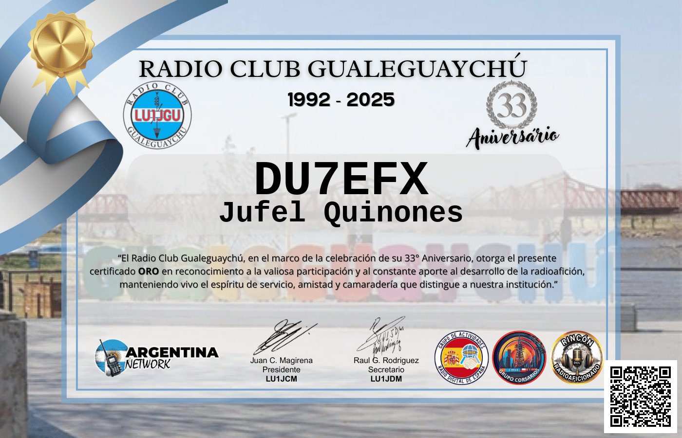 Certificado Actividad ANIVERSARIO N°33 RADIO CLUB GUALEGUAYCHÚ LU1JGU (edición 2025)