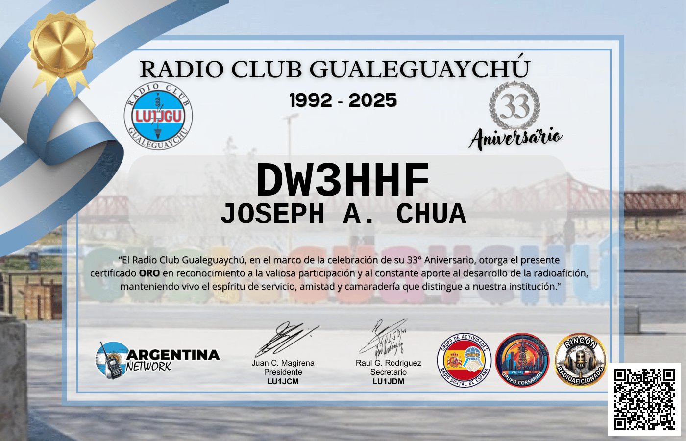 Certificado Actividad ANIVERSARIO N°33 RADIO CLUB GUALEGUAYCHÚ LU1JGU (edición 2025)