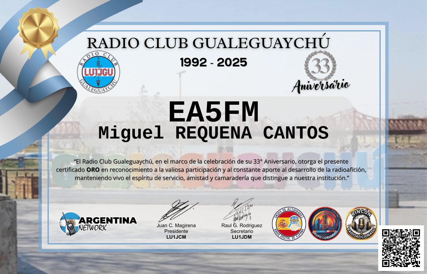 Certificado Actividad ANIVERSARIO N°33 RADIO CLUB GUALEGUAYCHÚ LU1JGU (edición 2025)