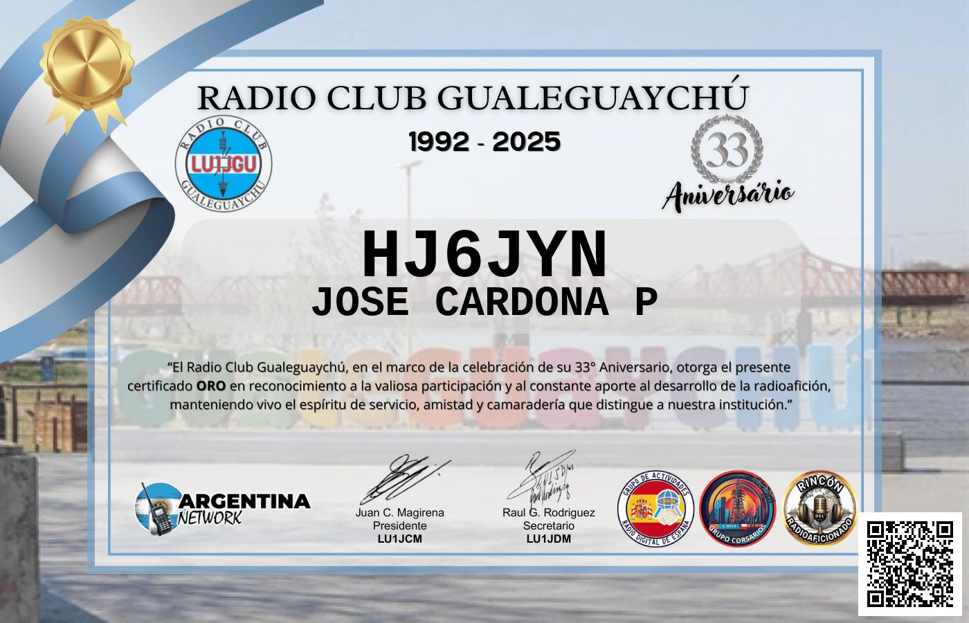 Certificado Actividad ANIVERSARIO N°33 RADIO CLUB GUALEGUAYCHÚ LU1JGU (edición 2025)