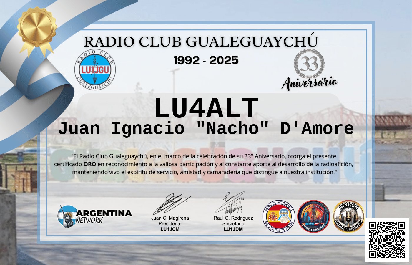 Certificado Actividad ANIVERSARIO N°33 RADIO CLUB GUALEGUAYCHÚ LU1JGU (edición 2025)