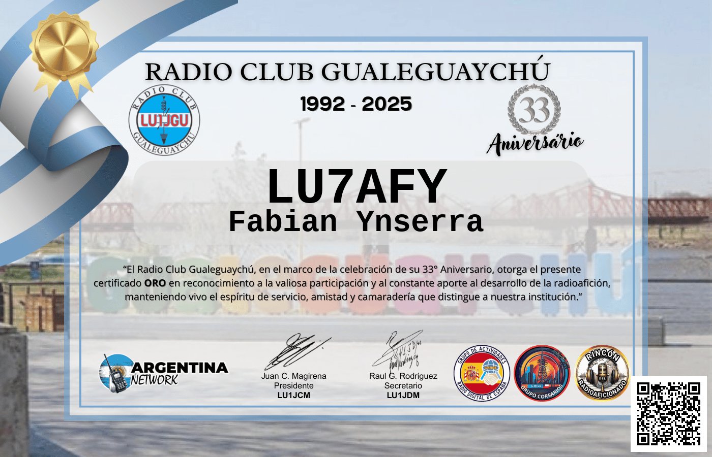 Certificado Actividad ANIVERSARIO N°33 RADIO CLUB GUALEGUAYCHÚ LU1JGU (edición 2025)
