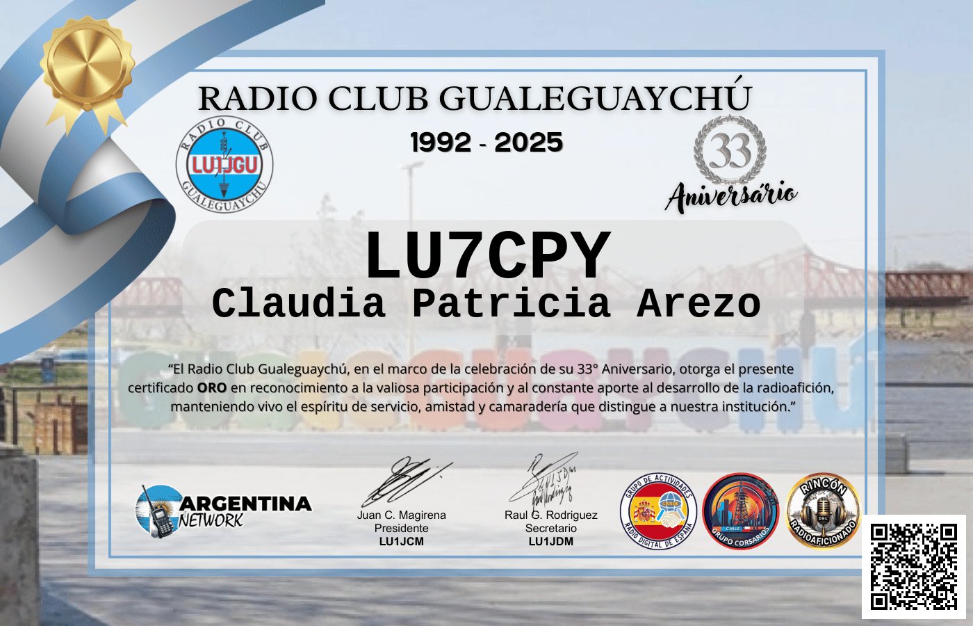 Certificado Actividad ANIVERSARIO N°33 RADIO CLUB GUALEGUAYCHÚ LU1JGU (edición 2025)