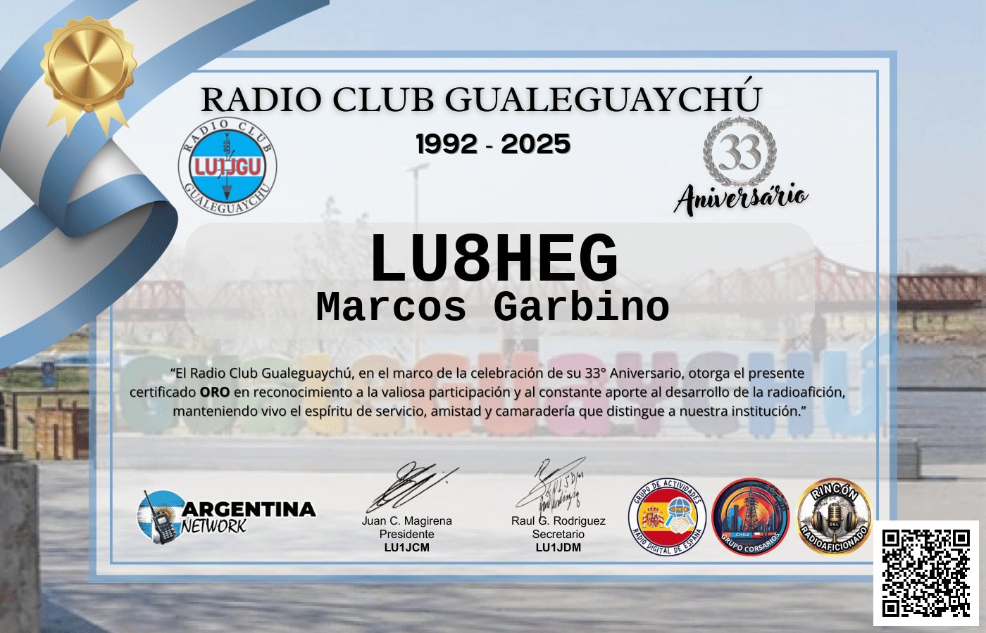 Certificado Actividad ANIVERSARIO N°33 RADIO CLUB GUALEGUAYCHÚ LU1JGU (edición 2025)