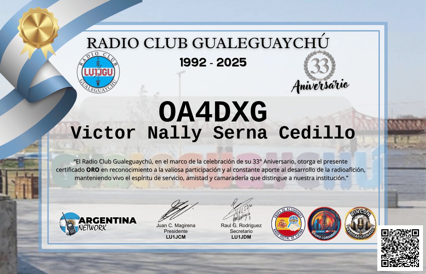Certificado Actividad ANIVERSARIO N°33 RADIO CLUB GUALEGUAYCHÚ LU1JGU (edición 2025)