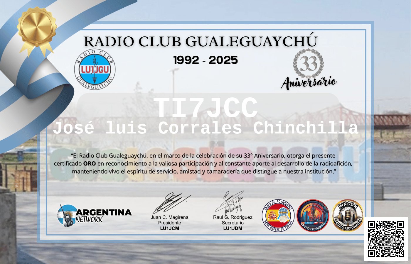 Certificado Actividad ANIVERSARIO N°33 RADIO CLUB GUALEGUAYCHÚ LU1JGU (edición 2025)