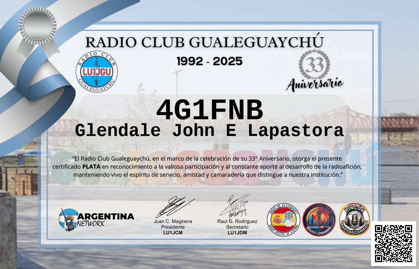 Certificado Actividad ANIVERSARIO N°33 RADIO CLUB GUALEGUAYCHÚ LU1JGU (edición 2025)