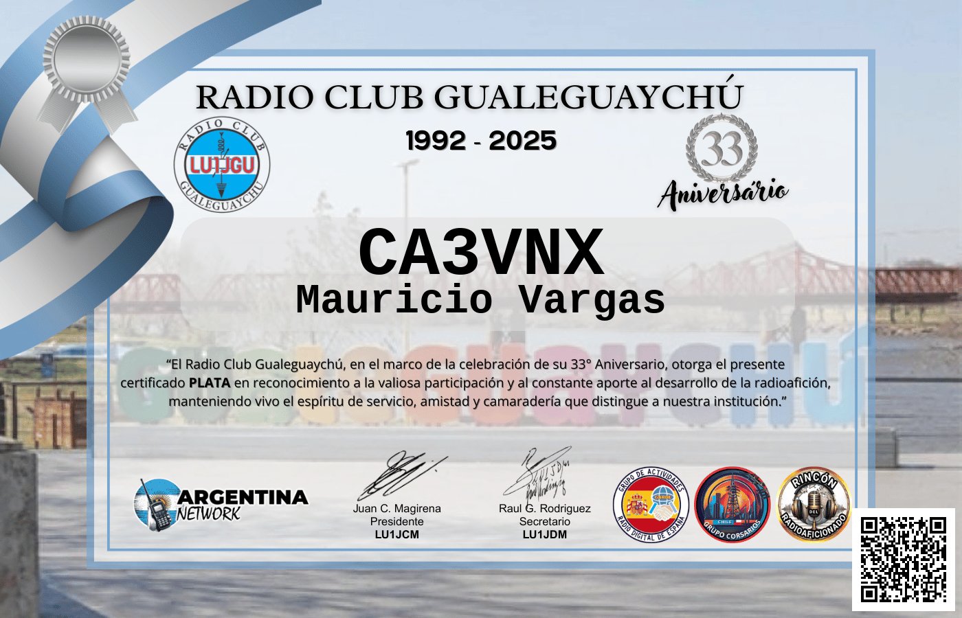 Certificado Actividad ANIVERSARIO N°33 RADIO CLUB GUALEGUAYCHÚ LU1JGU (edición 2025)