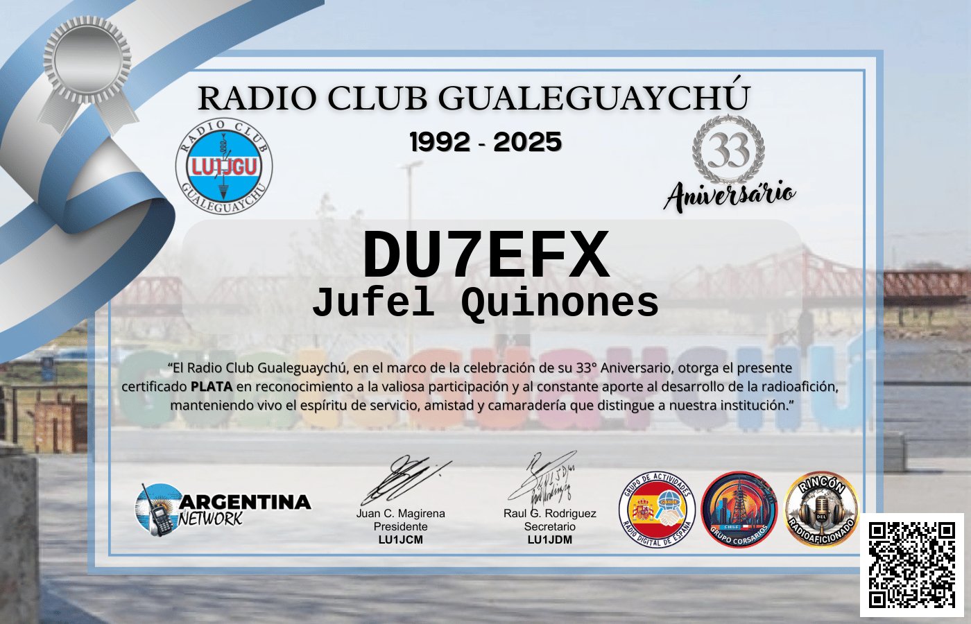 Certificado Actividad ANIVERSARIO N°33 RADIO CLUB GUALEGUAYCHÚ LU1JGU (edición 2025)