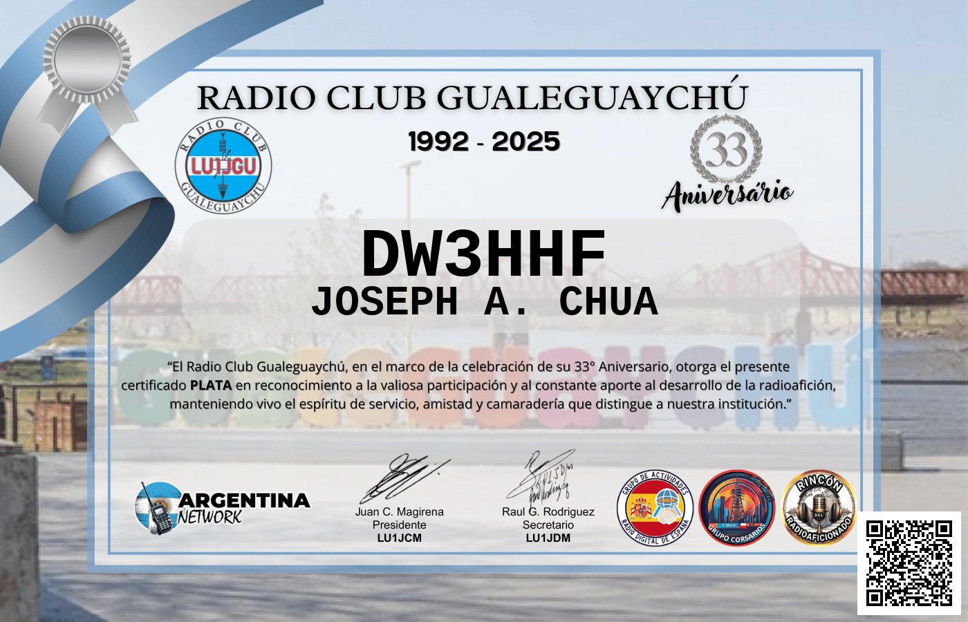 Certificado Actividad ANIVERSARIO N°33 RADIO CLUB GUALEGUAYCHÚ LU1JGU (edición 2025)