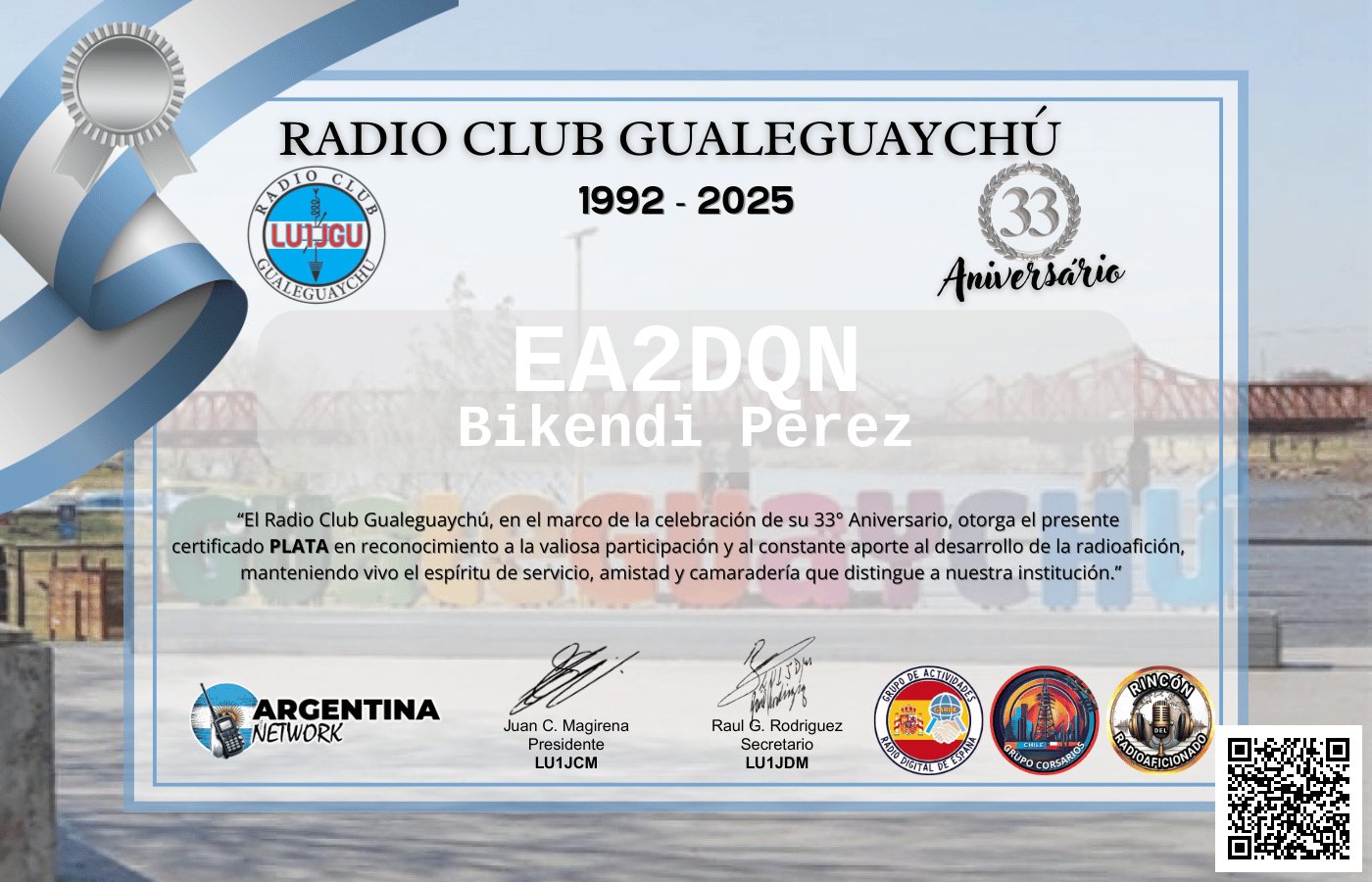 Certificado Actividad ANIVERSARIO N°33 RADIO CLUB GUALEGUAYCHÚ LU1JGU (edición 2025)