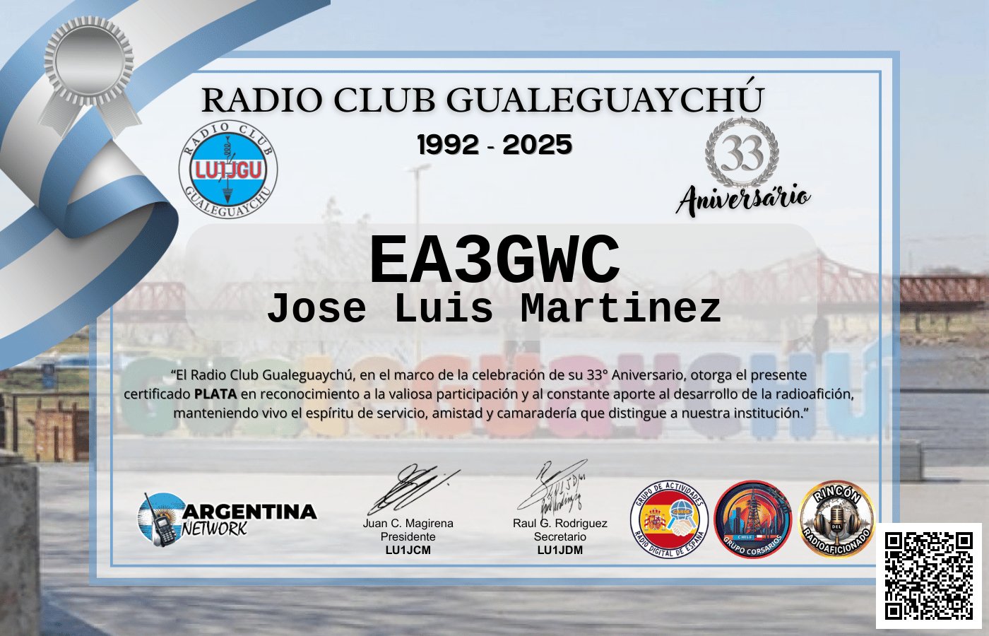 Certificado Actividad ANIVERSARIO N°33 RADIO CLUB GUALEGUAYCHÚ LU1JGU (edición 2025)
