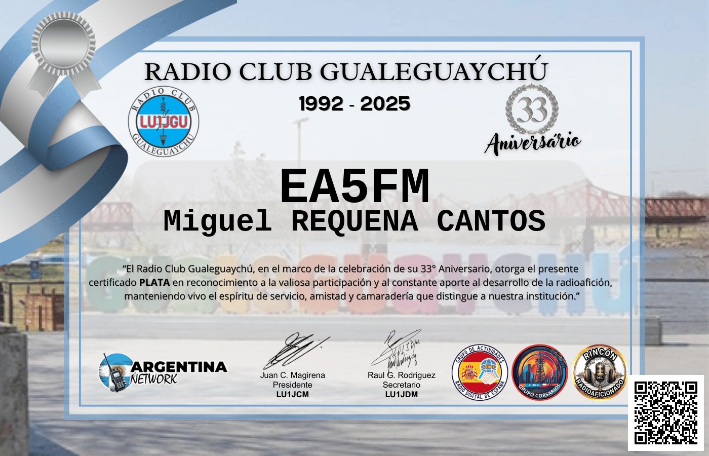 Certificado Actividad ANIVERSARIO N°33 RADIO CLUB GUALEGUAYCHÚ LU1JGU (edición 2025)