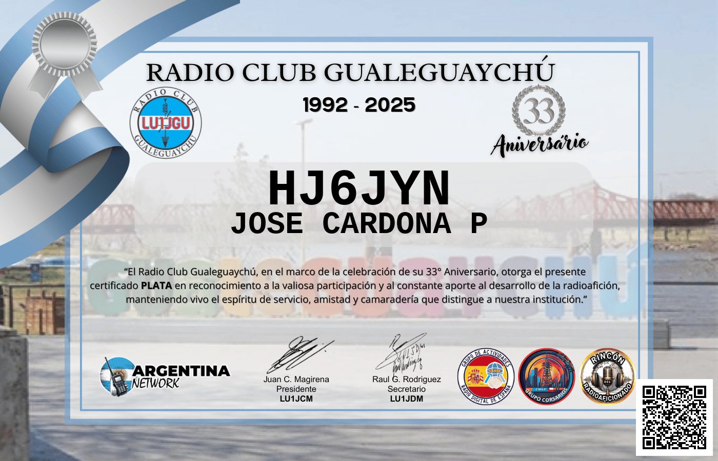 Certificado Actividad ANIVERSARIO N°33 RADIO CLUB GUALEGUAYCHÚ LU1JGU (edición 2025)