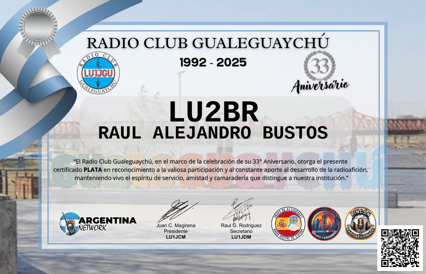 Certificado Actividad ANIVERSARIO N°33 RADIO CLUB GUALEGUAYCHÚ LU1JGU (edición 2025)