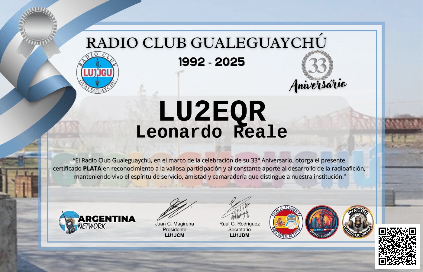 Certificado Actividad ANIVERSARIO N°33 RADIO CLUB GUALEGUAYCHÚ LU1JGU (edición 2025)