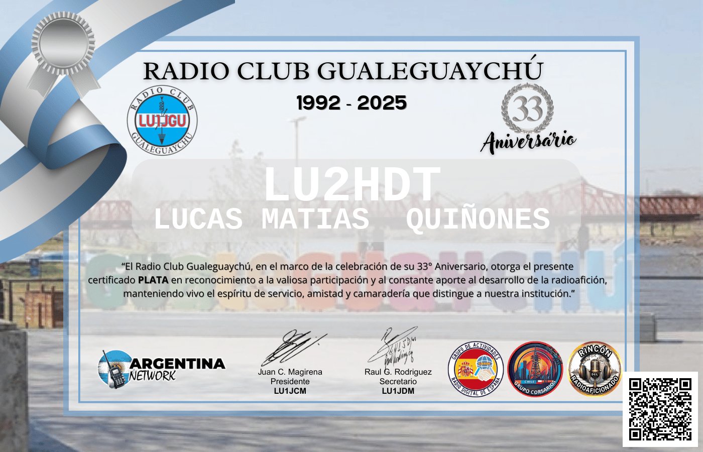 Certificado Actividad ANIVERSARIO N°33 RADIO CLUB GUALEGUAYCHÚ LU1JGU (edición 2025)