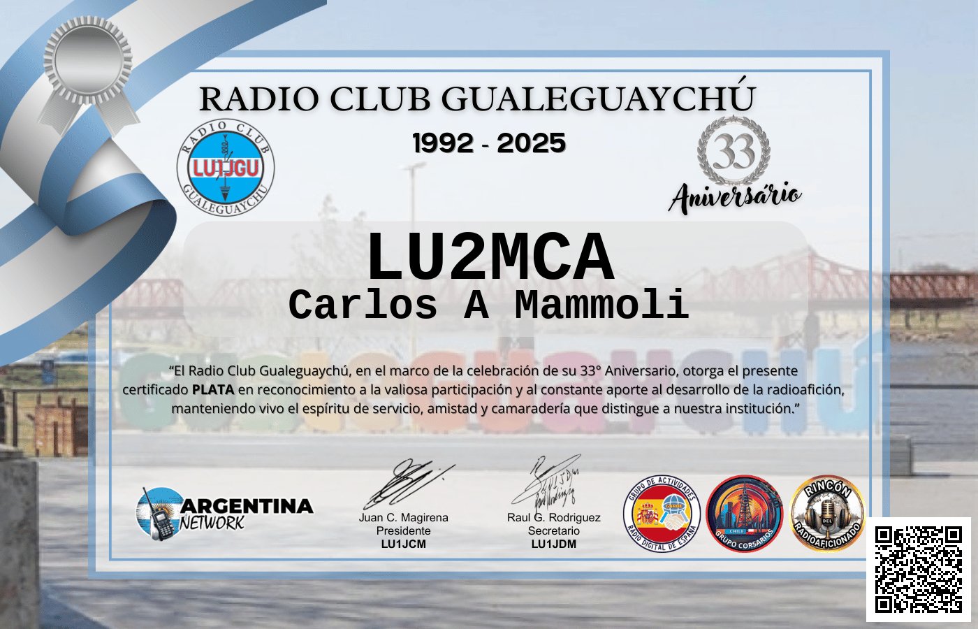Certificado Actividad ANIVERSARIO N°33 RADIO CLUB GUALEGUAYCHÚ LU1JGU (edición 2025)