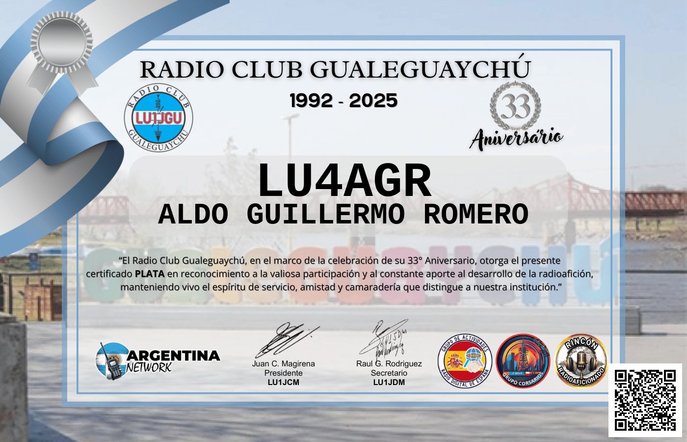 Certificado Actividad ANIVERSARIO N°33 RADIO CLUB GUALEGUAYCHÚ LU1JGU (edición 2025)