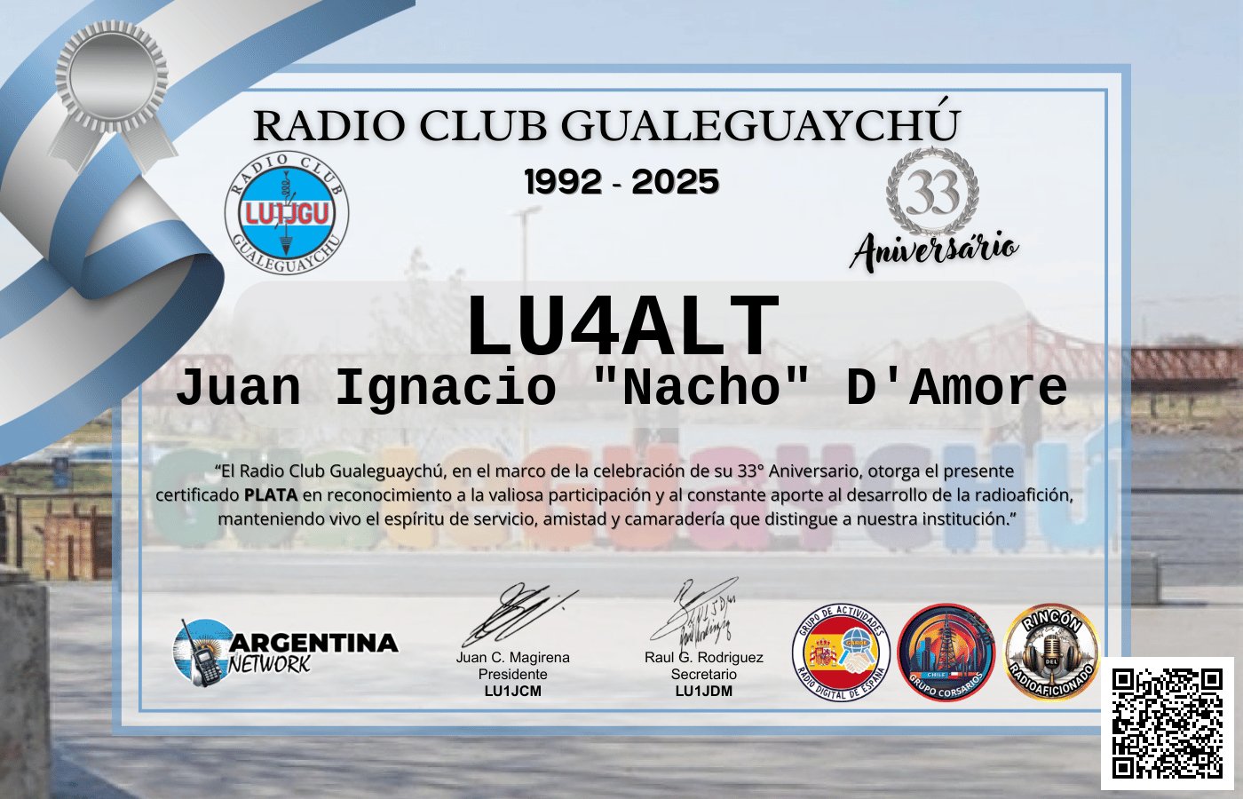 Certificado Actividad ANIVERSARIO N°33 RADIO CLUB GUALEGUAYCHÚ LU1JGU (edición 2025)