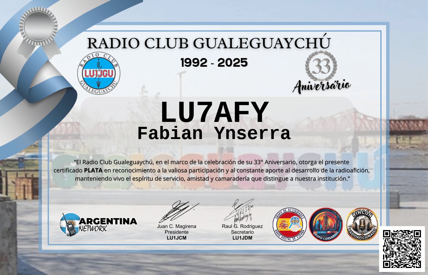 Certificado Actividad ANIVERSARIO N°33 RADIO CLUB GUALEGUAYCHÚ LU1JGU (edición 2025)