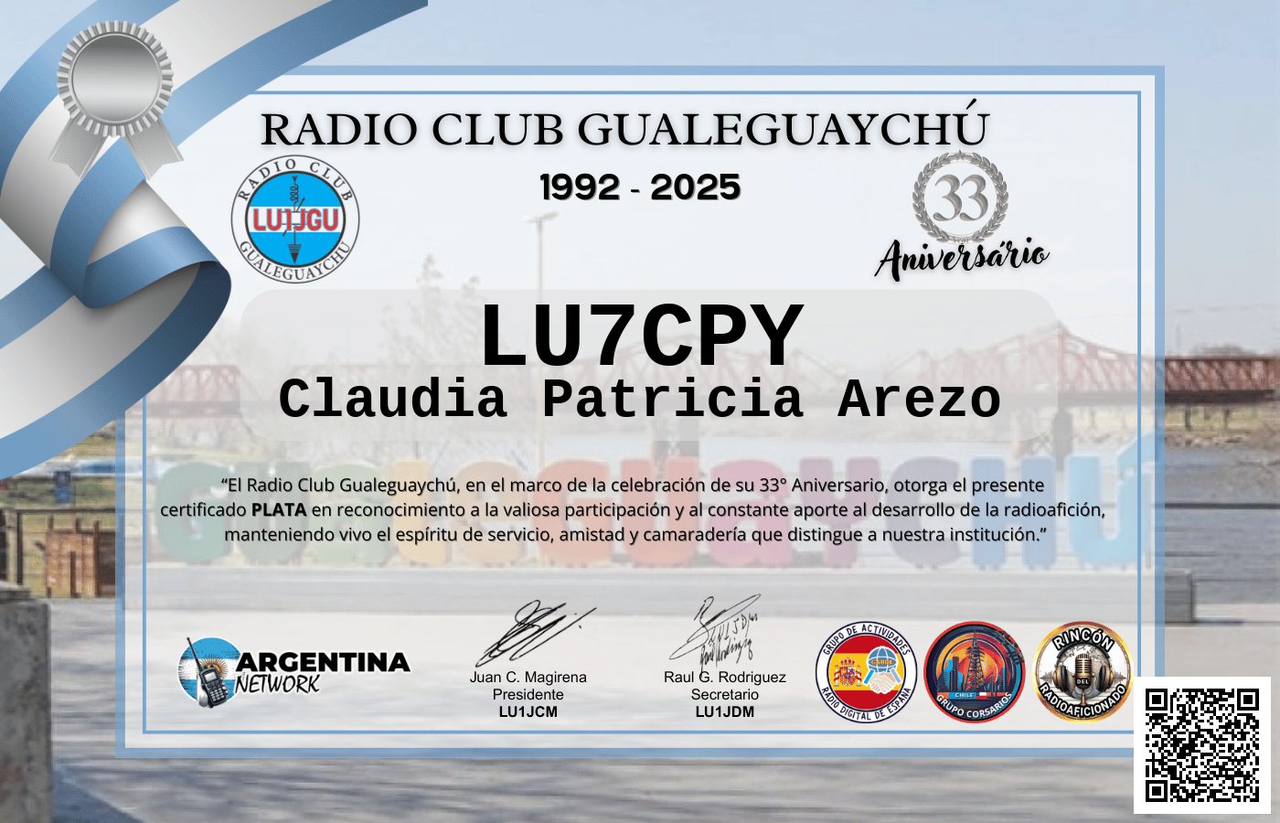 Certificado Actividad ANIVERSARIO N°33 RADIO CLUB GUALEGUAYCHÚ LU1JGU (edición 2025)