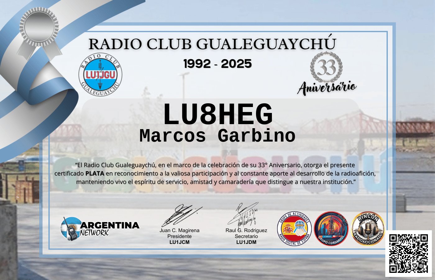 Certificado Actividad ANIVERSARIO N°33 RADIO CLUB GUALEGUAYCHÚ LU1JGU (edición 2025)