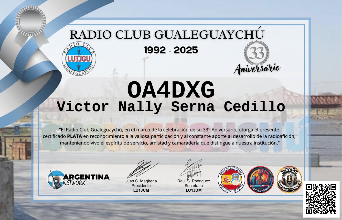 Certificado Actividad ANIVERSARIO N°33 RADIO CLUB GUALEGUAYCHÚ LU1JGU (edición 2025)